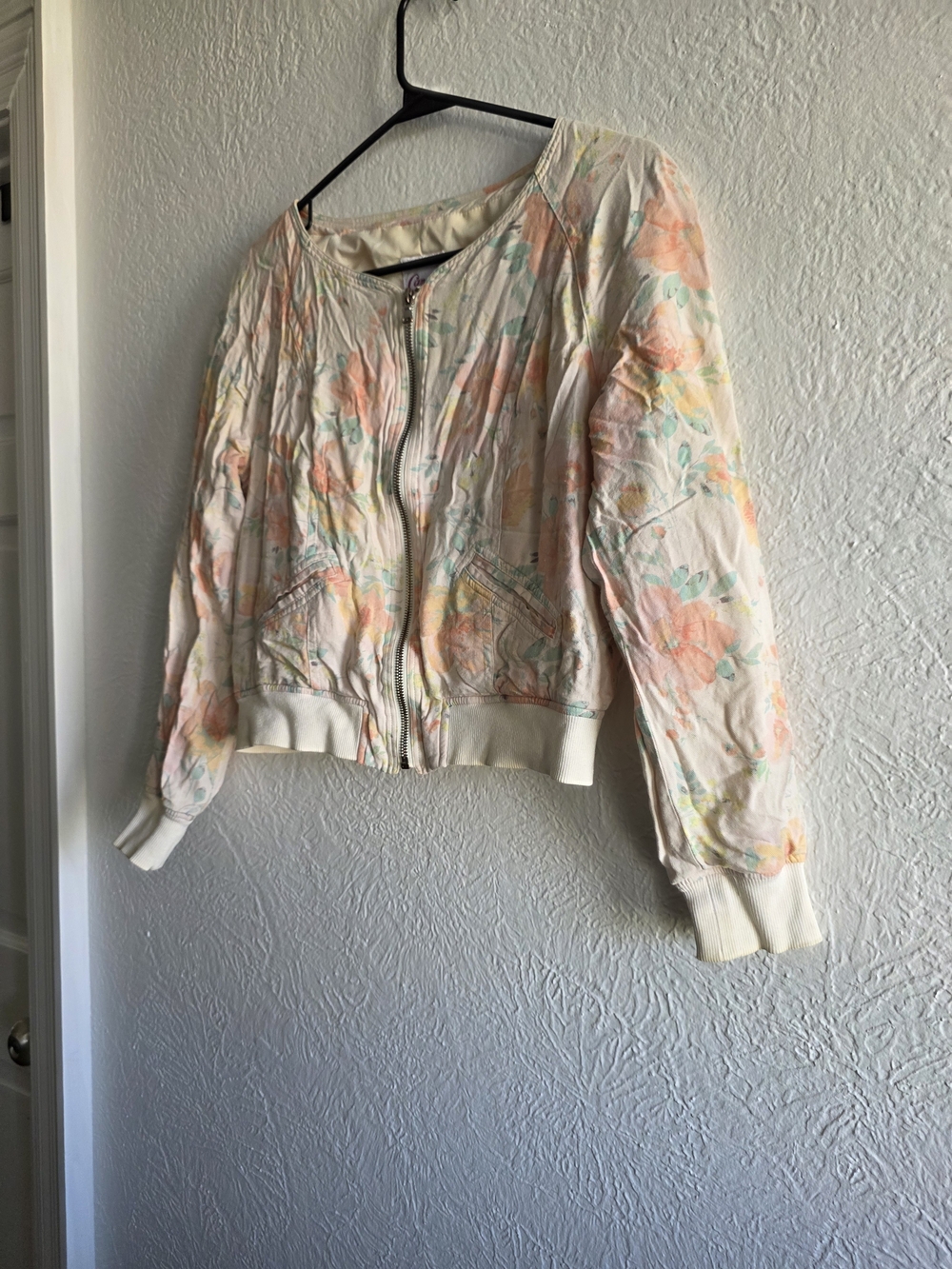 Coquette Cottagecore Candie's Floral Zip Bomber Jacket In Pink & Mint on Cream
